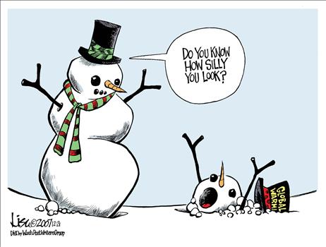 A snowman looks down at the ground to another snowman who only has a head left, his hat labeled "Global Warming" having fallen off it, making a screaming face, and says "Do you know how silly you look?"
